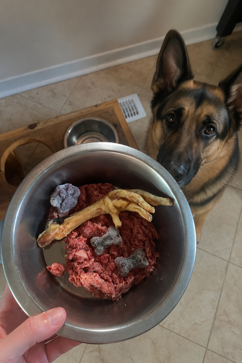 German Shepherd with a bowl of fresh food