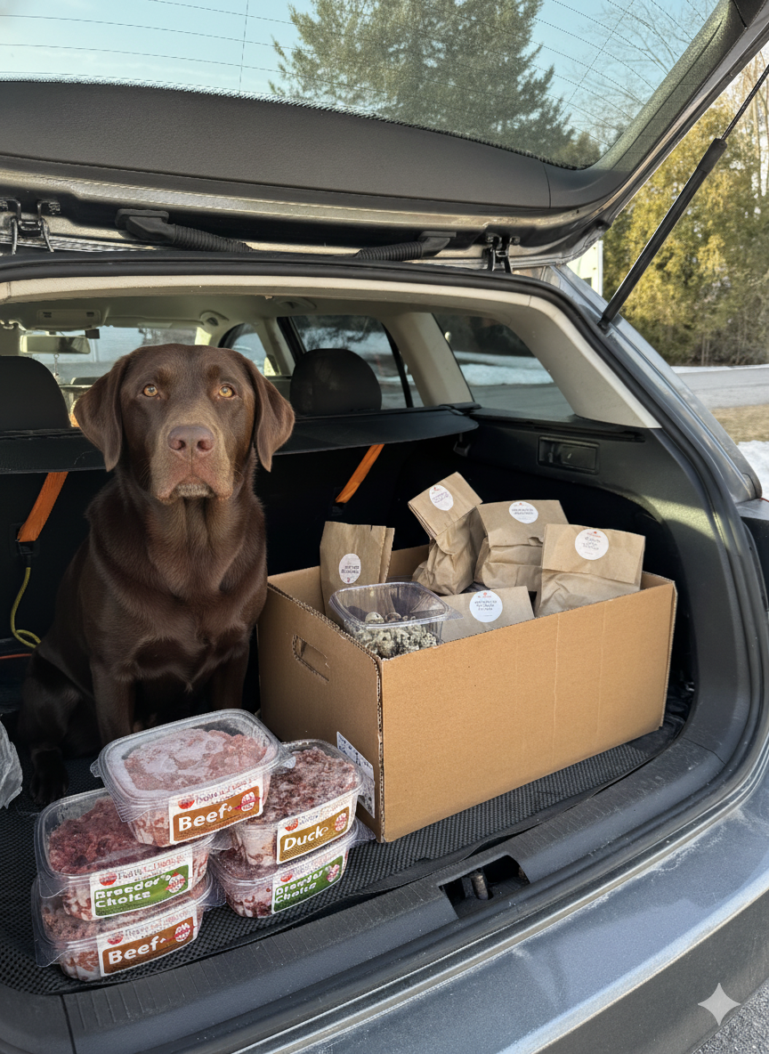 Chocolate lab ready for a RawChoice delivery